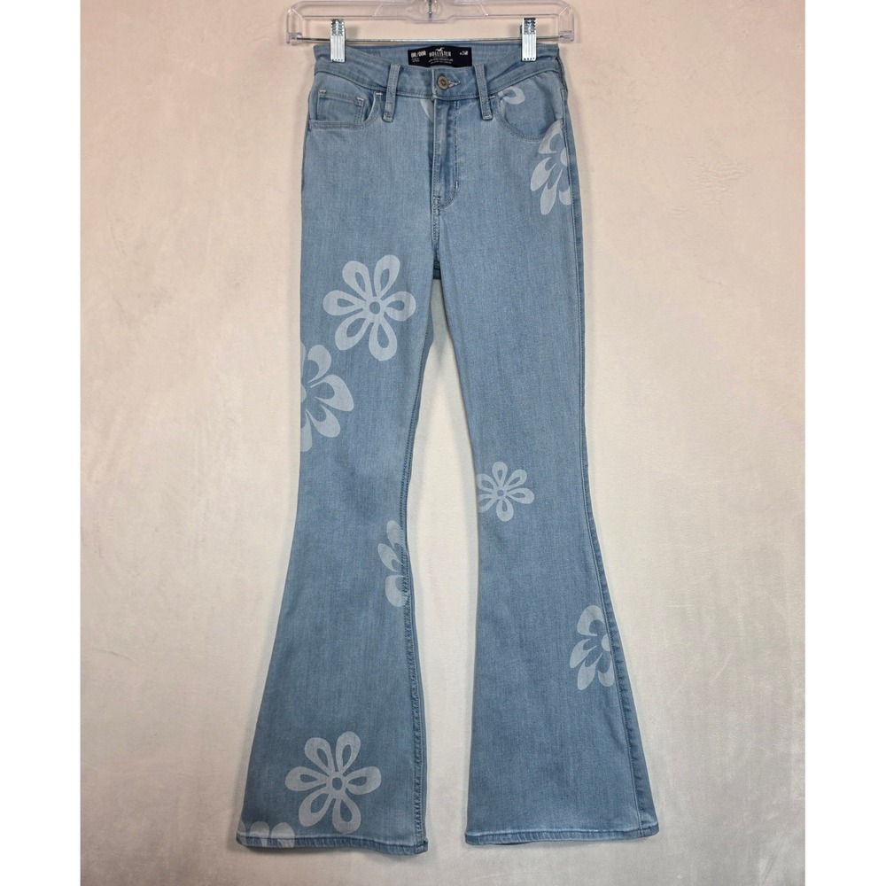 Hollister Vintage Flare Jeans Womens 00R Blue Floral Boho Y2K Festival Retro - Picture 2 of 13